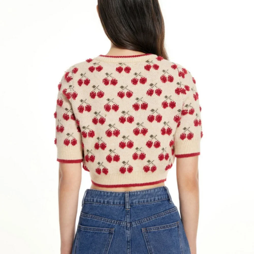 Cider Contrasting Binding Cherry Pattern Knitted Crop Top - Picture 4 of 7